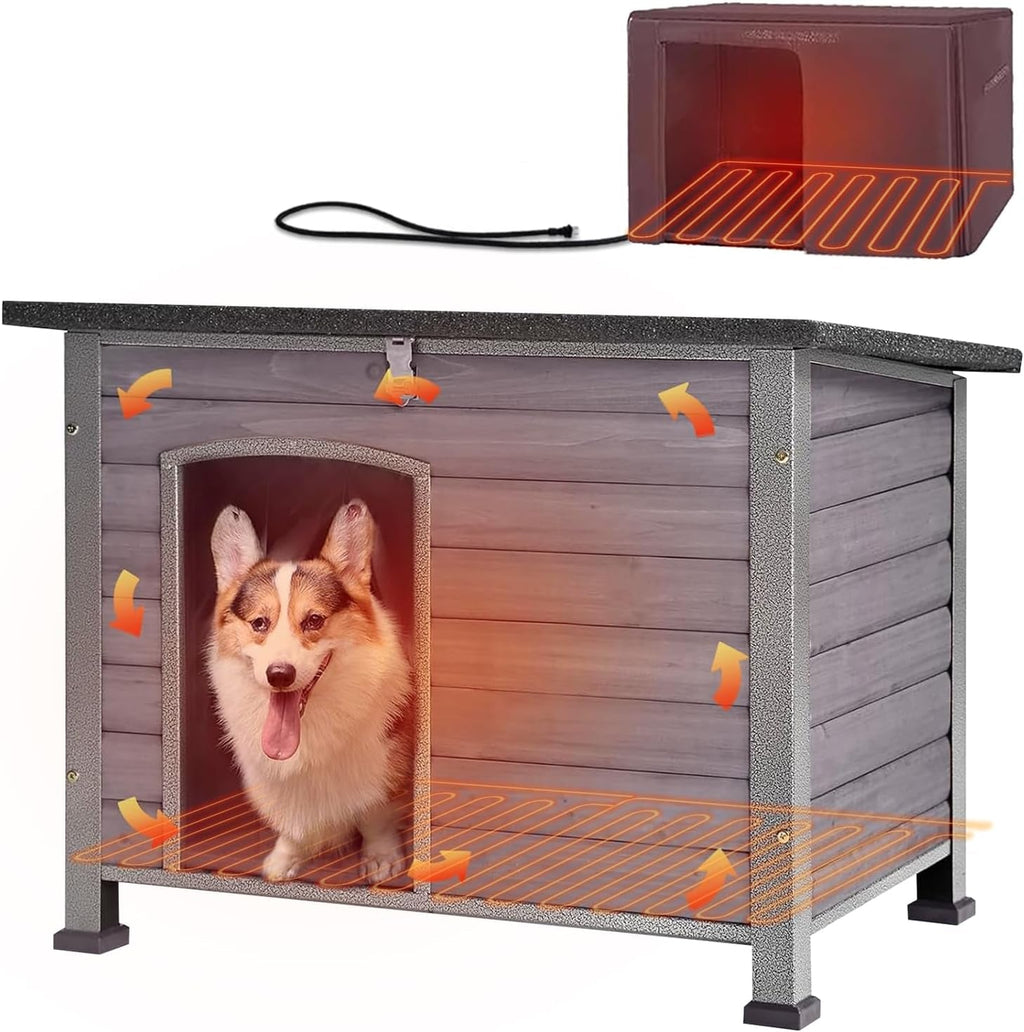Heated Dog House Outdoor Insulated Dog Kennel with Heater, Durable Metal Frame, Chew-Resistant Cord, 6-Sided Thermal Liner, PVC Door Curtain for Winter (Grey)