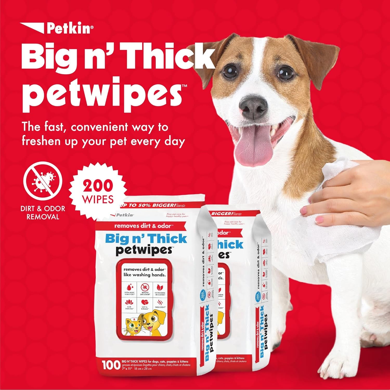 Pet Wipes for Dogs & Cats - 200 Large Wipes - Removes Dirt & Odor - Cleans Ears, Face, Butt, Eye Area - Convenient for Home or Travel - 2 Packs.
